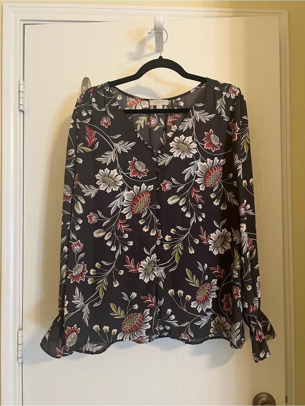 LOFT Black Floral V-Neck Long Sleeve Blouse